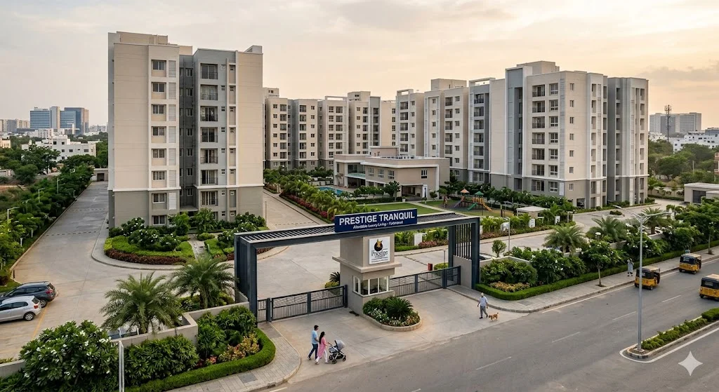 Exterior view of a modern, affordable residential apartment complex developed by Prestige Group in Hyderabad